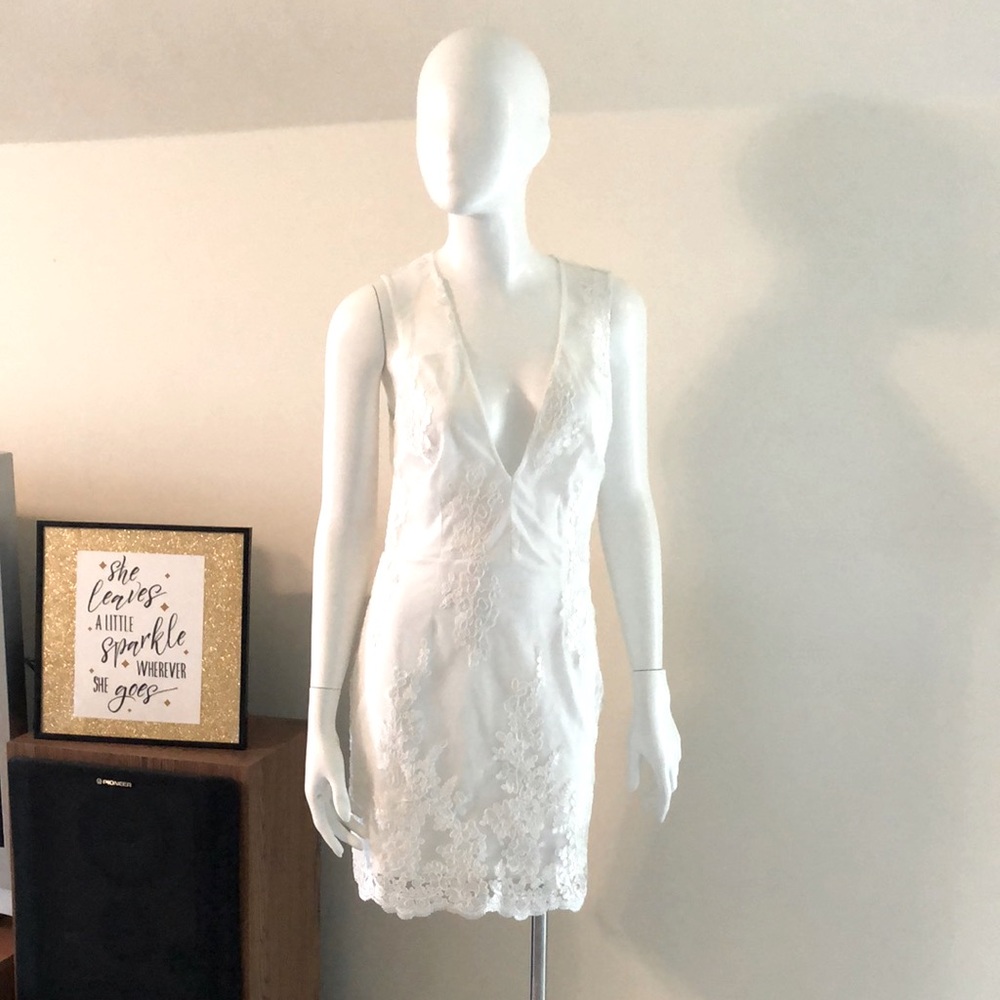 Tobi White Lace and Tulle V-Neck Dress